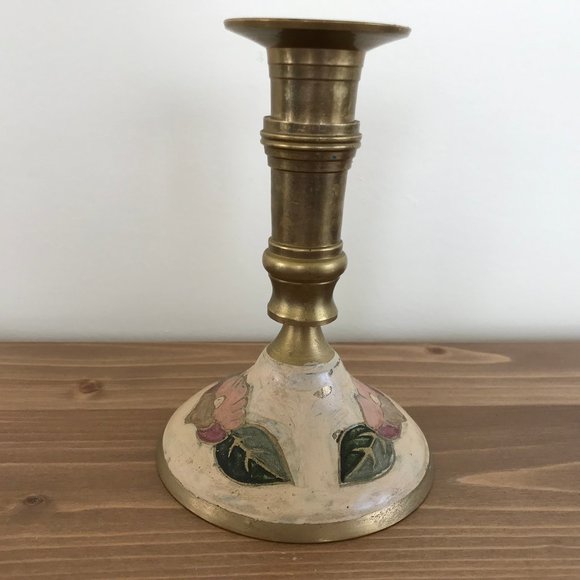 Brass Cloisonne Style Enamel Painted Floral Candlestick 5" Candle Holder - Picture 2 of 5